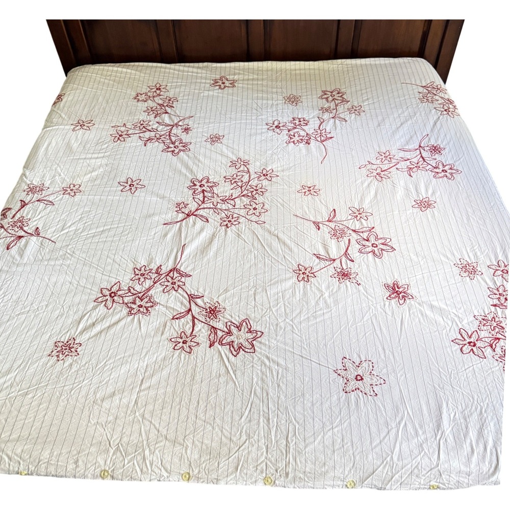Pottery Barn Embroidered Floral Pinstripe Queen Duvet Cover Red White Cotton